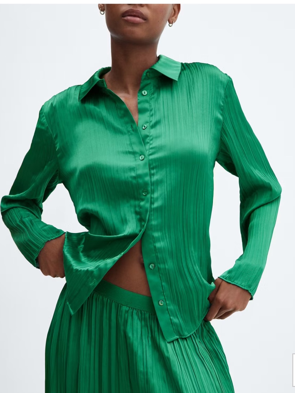 Mango Emerald Green Pleated Satin Blouse